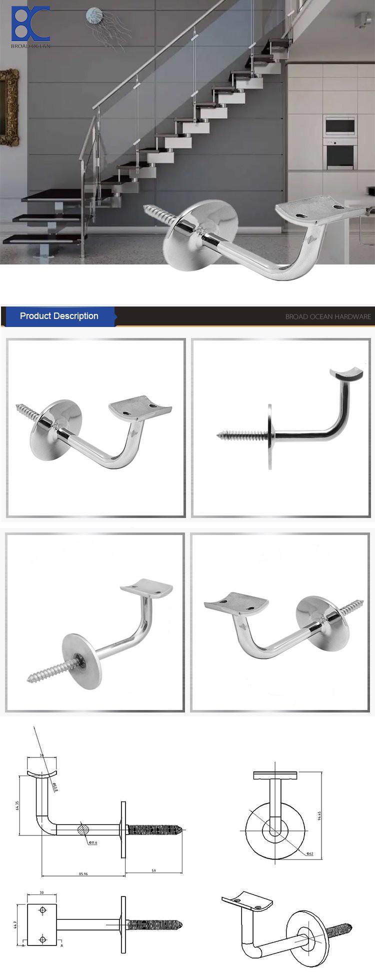 Stainless steel railing handrails glass spigot rounded brackets